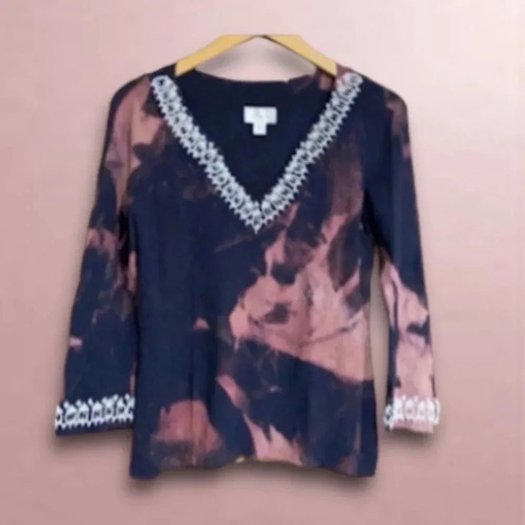 Tie Dye Boho‎ Grunge Beaded V Neck Top Women’s Medium Stretch Rayon Nylon - Picture 4 of 11